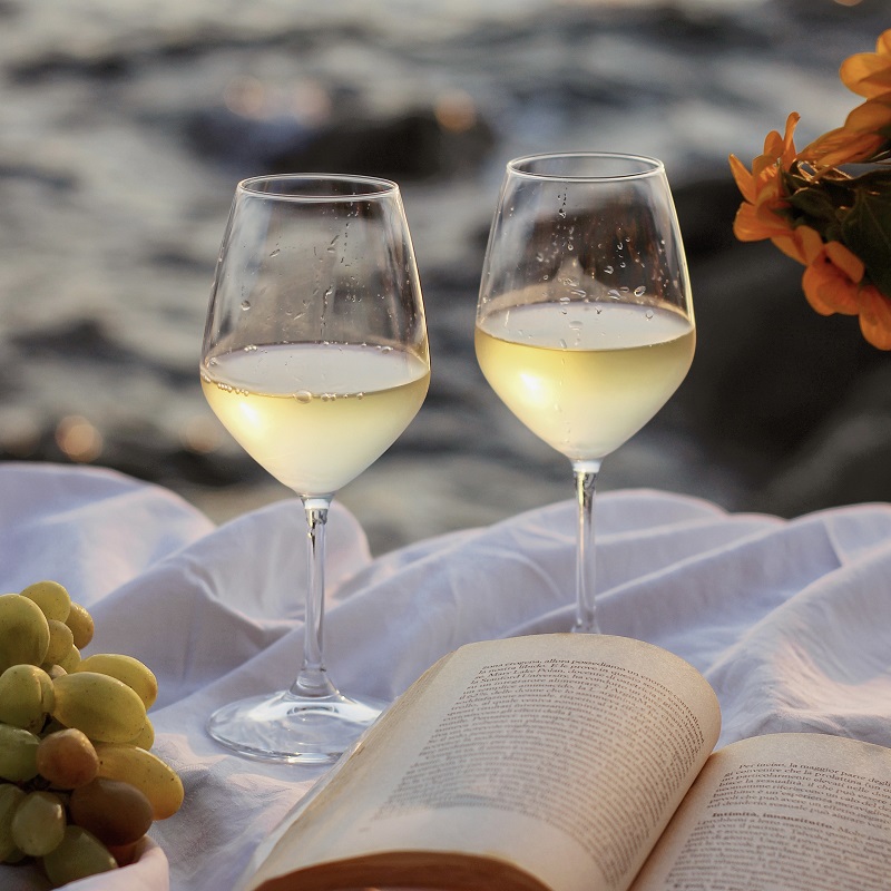 A book lays open on a white cloth, with a bunch of green grapes and two glasses of chilled white wine positioned nearby, against a backdrop of the ocean