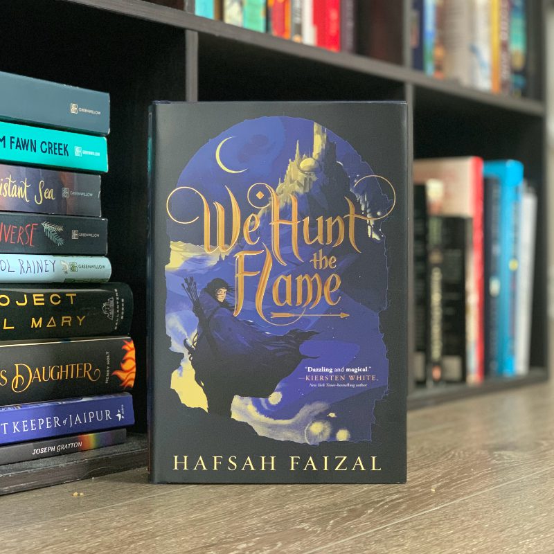 Hard copy of We Hunt The Flame in front of a black bookshelf.