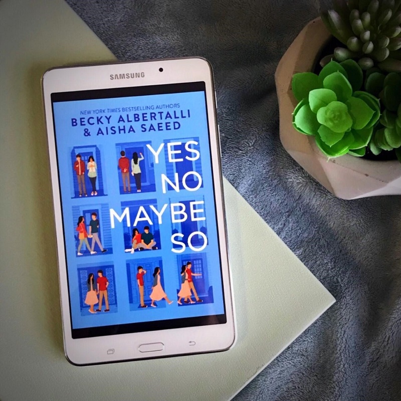 The cover of Yes No Maybe So on a white tablet, laying on a pastel green and blue background, with a succulent nearby.