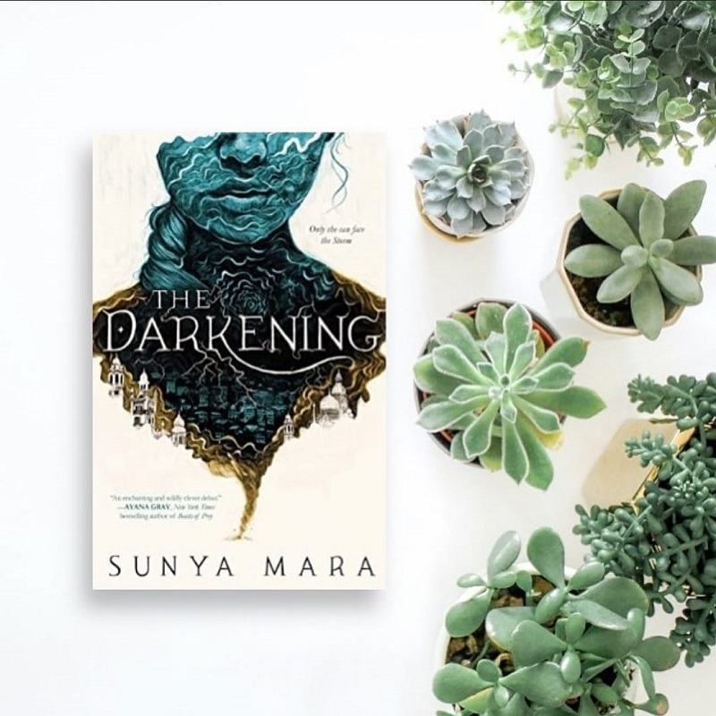 A copy of The Darkening lies on a white background. The cover displays the outline of a girl with a braid, whose features are created from a storm for her head and a city for her chest. The colours of swirls of black, teal, and gold. To the right sit six assorted succulent plants, all in varying shades of green